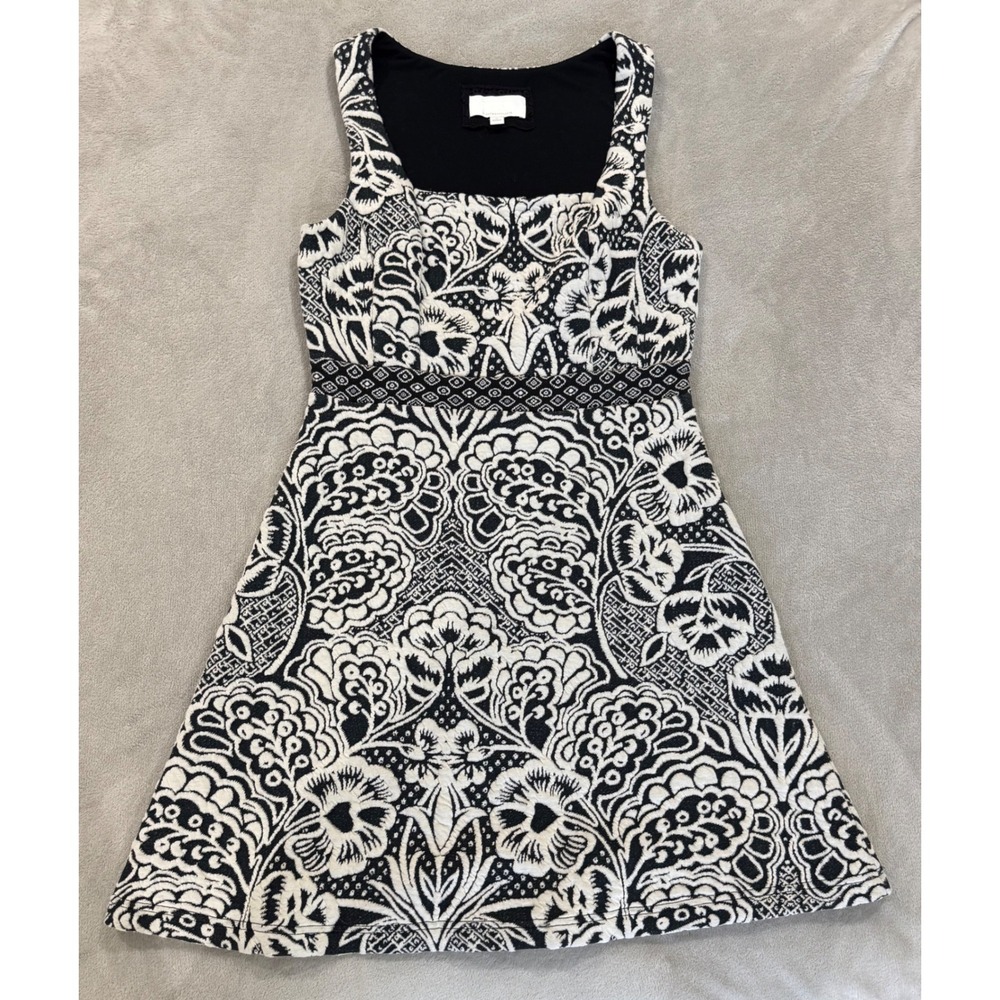 Anthropologie Ett:Twa Black White Floral Damask Fit Flare Dress Square Neck Med